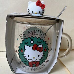 Hello Kitty Christmas Glass Mug w/ Wooden Lid & Spoon — 17oz Holiday Cup (New)